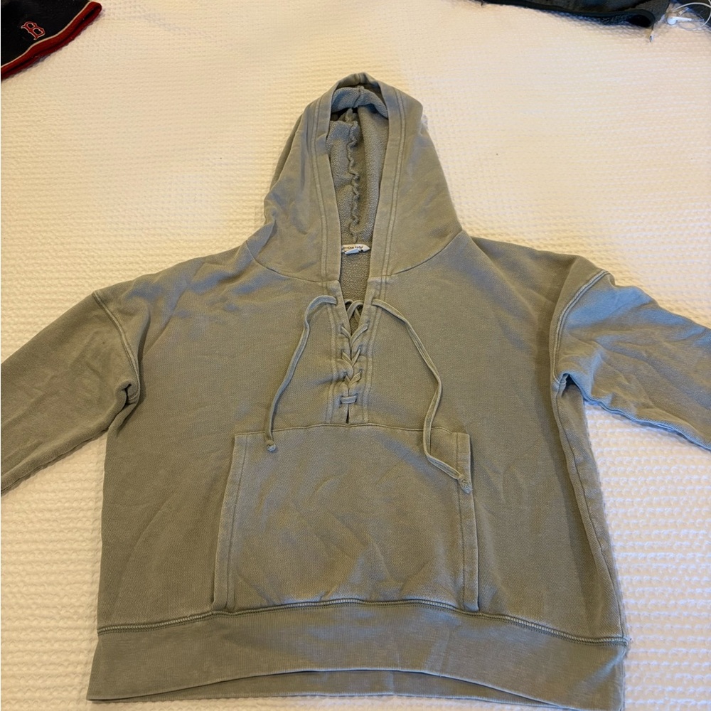 AE Green-Gray Hooded Sweatshirt with Lace Up Front - Soft and Cozy!